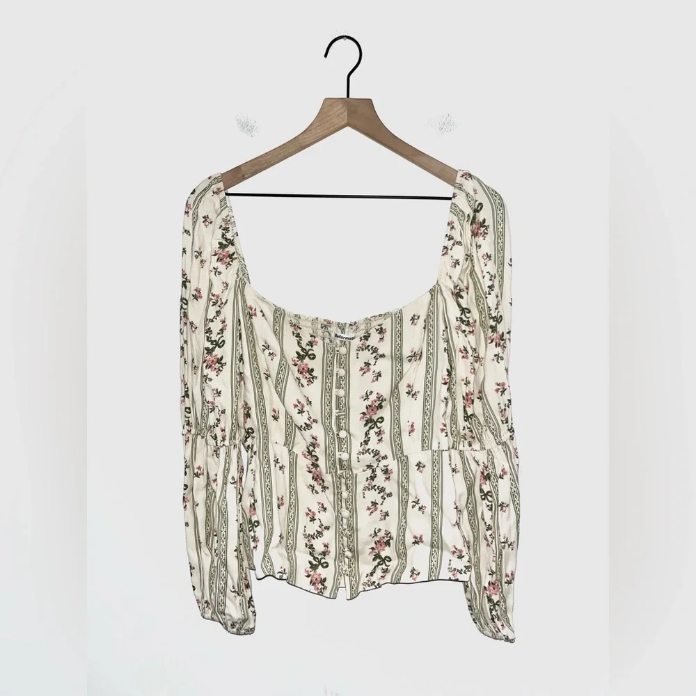 Reformation Cream Floral Peasant Blouse with Pink and Green Accents